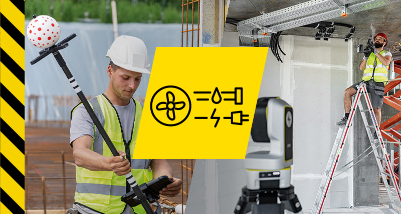 Herramienta robótica Leica iCON iCS50 para replantear puntos y marcar los agujeros de perforación en el techo para la instalación de un techo suspendido.    